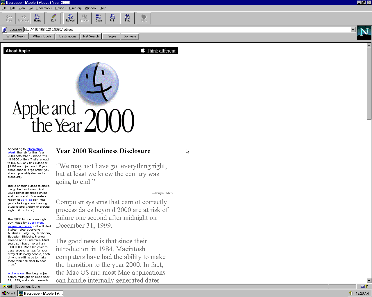 Windows 95 OSR2 x86 with Netscape Navigator 3.0 Gold displaying a page from Apple.com archived at March 01, 2000 at 02:58:35