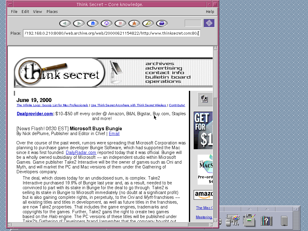 Solaris 2.6 SPARC with HotJava 1.0 displaying a page from Think Secret archived at June 21, 2000 at 15:48:22