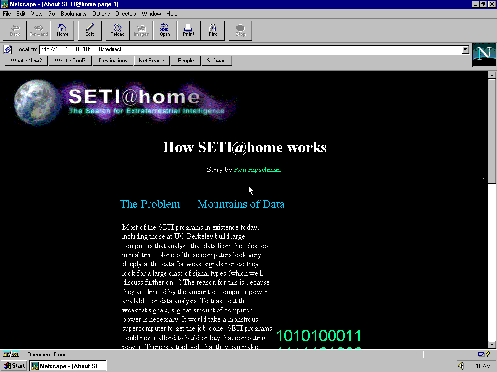 Windows 95 OSR2 x86 with Netscape Navigator 3.0 Gold displaying a page from Seti@Home archived at May 10, 2000 at 03:21:21