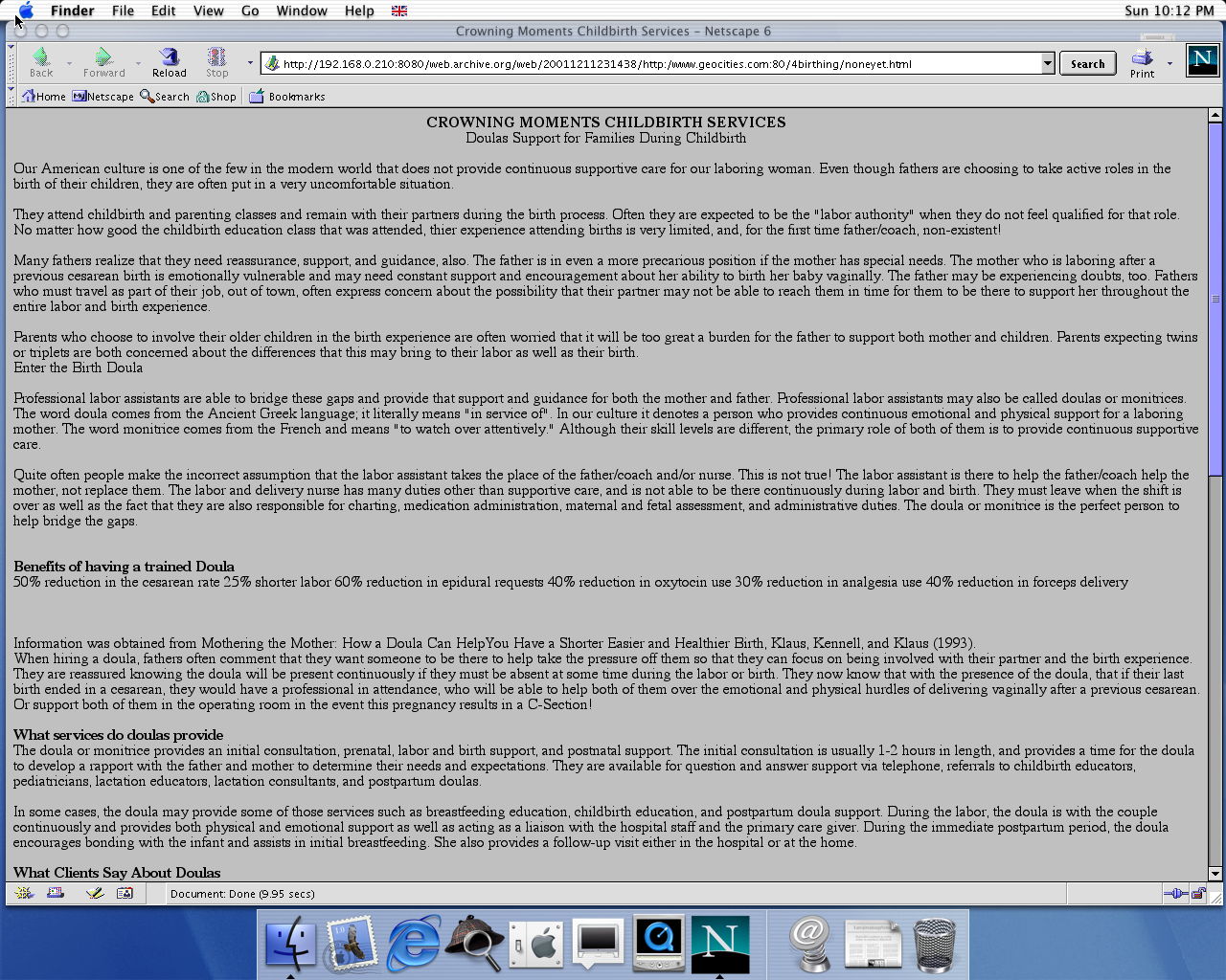 OS X 10.0 PPC with Netscape 6.1 displaying a page from GeoCities archived at December 11, 2001 at 23:14:38
