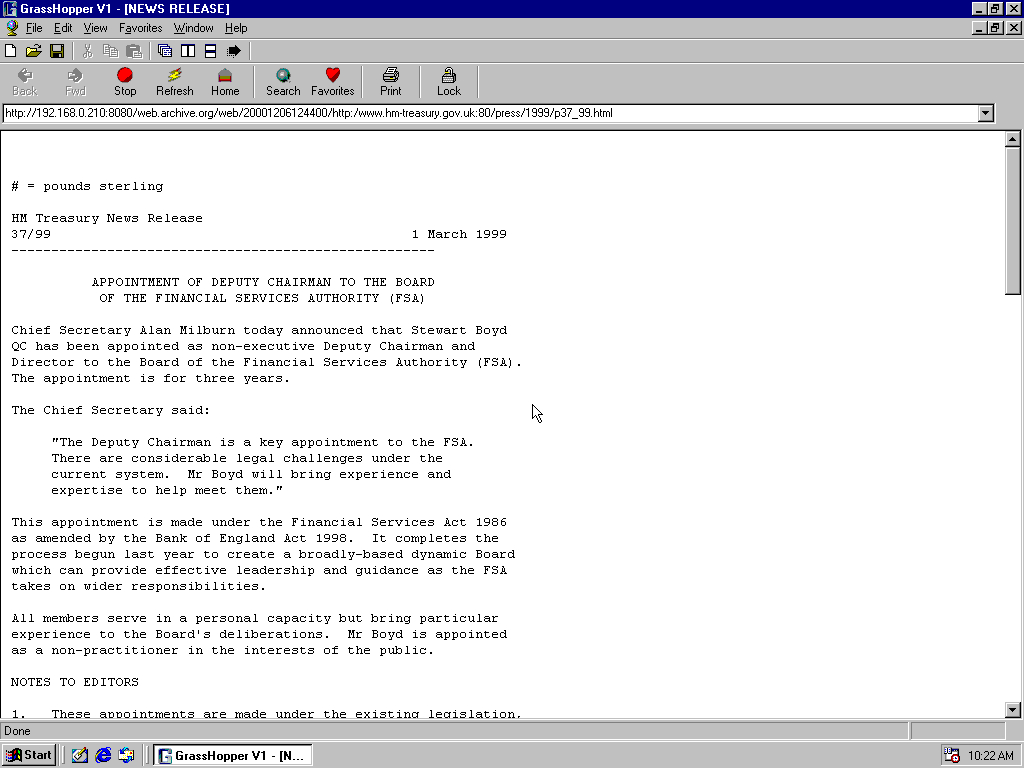 Windows 98 SE x86 with GrassHopper 1.0.6 displaying a page from Her Majesty's Treasury archived at December 06, 2000 at 12:44:00