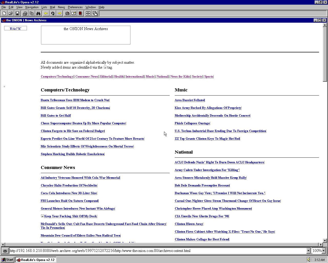 Windows 95 OSR2 x86 with Opera 2.12 displaying a page from The Onion archived at December 12, 1997 at 07:22:16