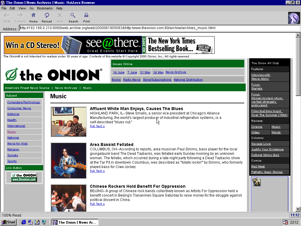 Windows 98 RTM x86 with HotJava 3.0 displaying a page from The Onion archived at June 19, 2000 at 05:09:34