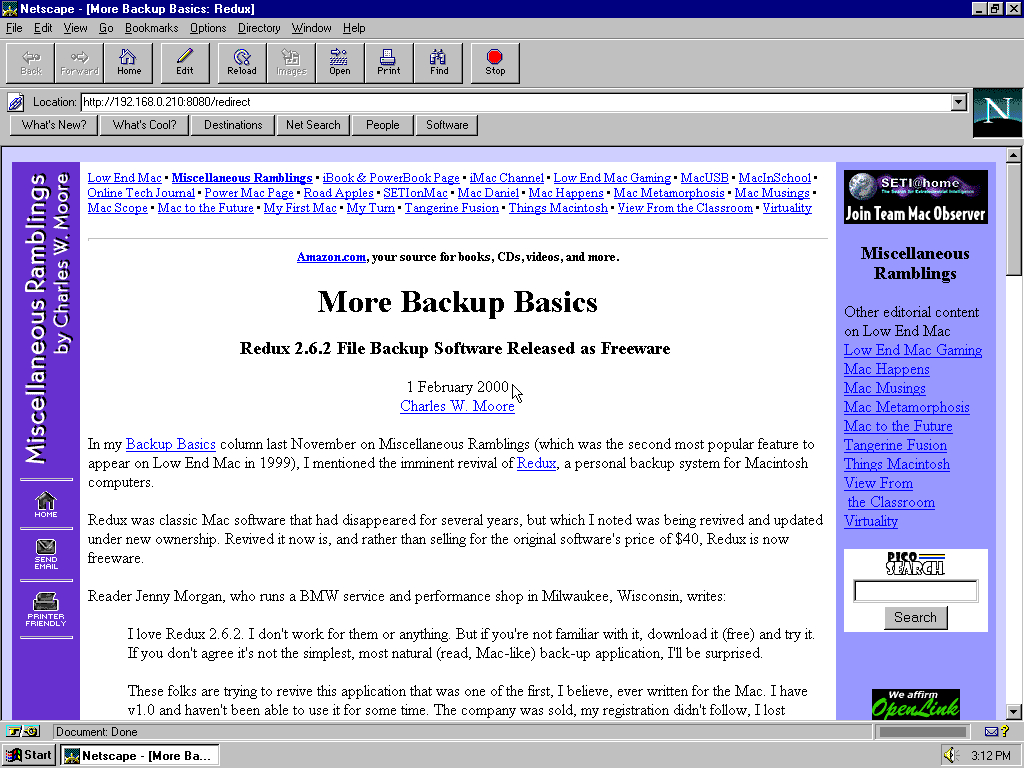Windows 95 OSR2 x86 with Netscape Navigator 3.0 Gold displaying a page from Low End Mac archived at May 05, 2000 at 00:55:29
