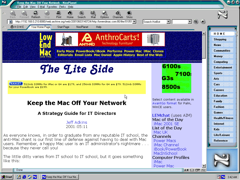 Windows 98 SE x86 with NeoPlanet 5.0 displaying a page from Low End Mac archived at June 03, 2001 at 14:07:24
