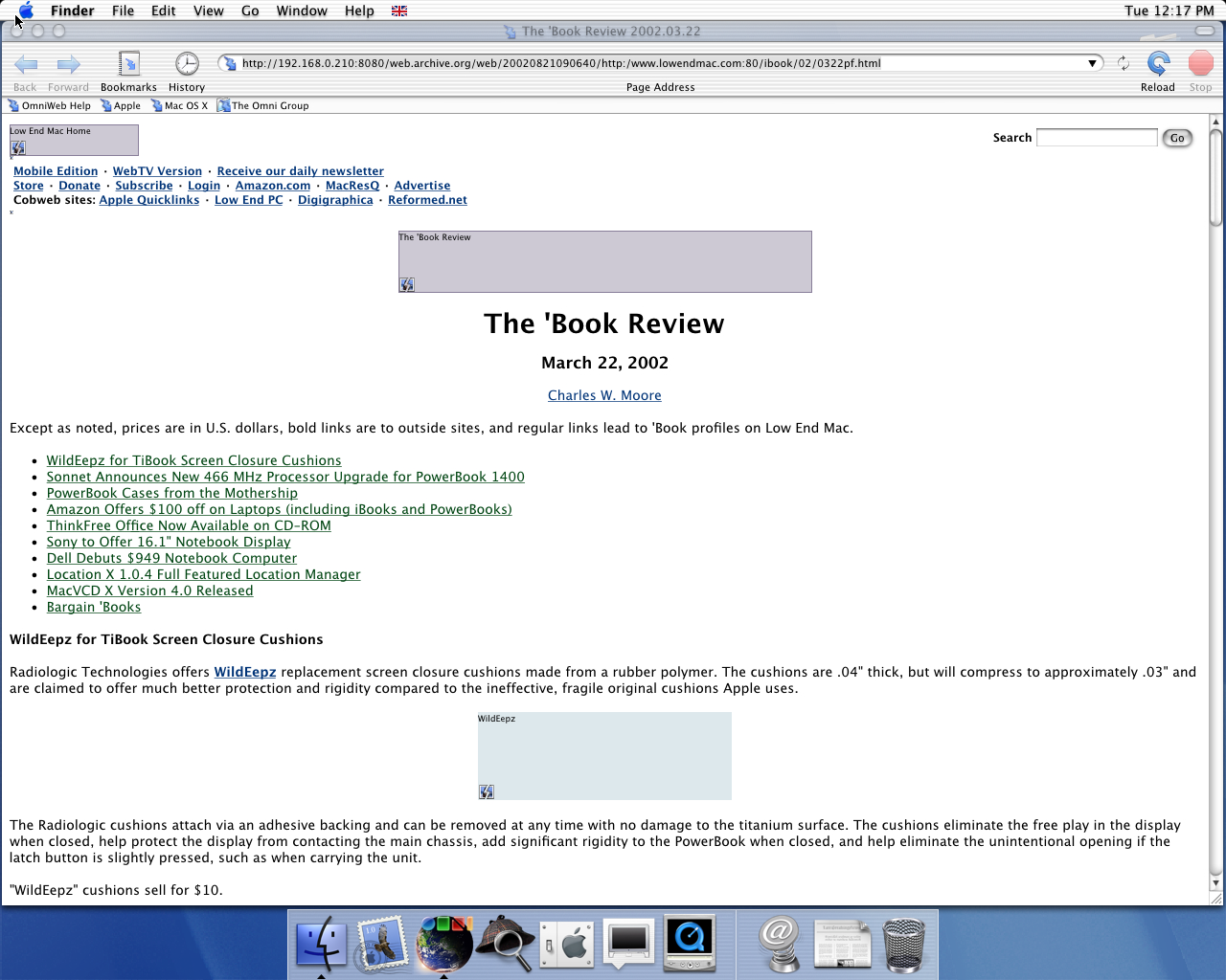 OS X 10.0 PPC with OmniWeb 4.0 displaying a page from Low End Mac archived at August 21, 2002 at 09:06:40