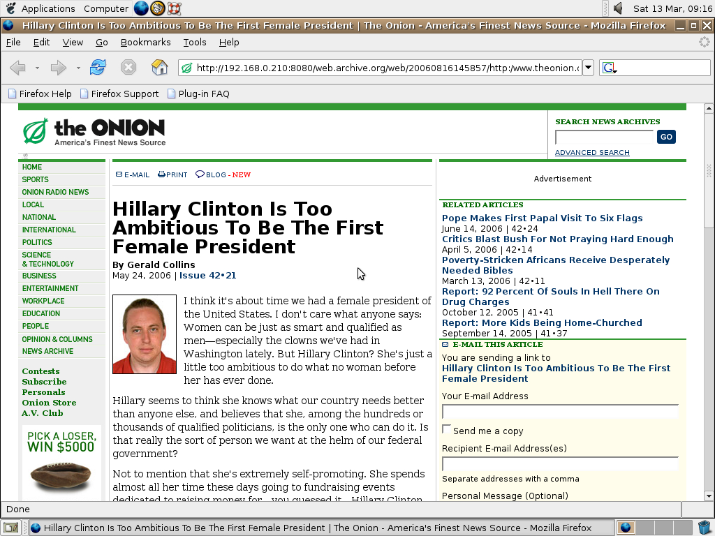 Ubuntu 4.10 x86 with Mozilla Firefox 0.9.3 displaying a page from The Onion archived at August 16, 2006 at 14:58:57