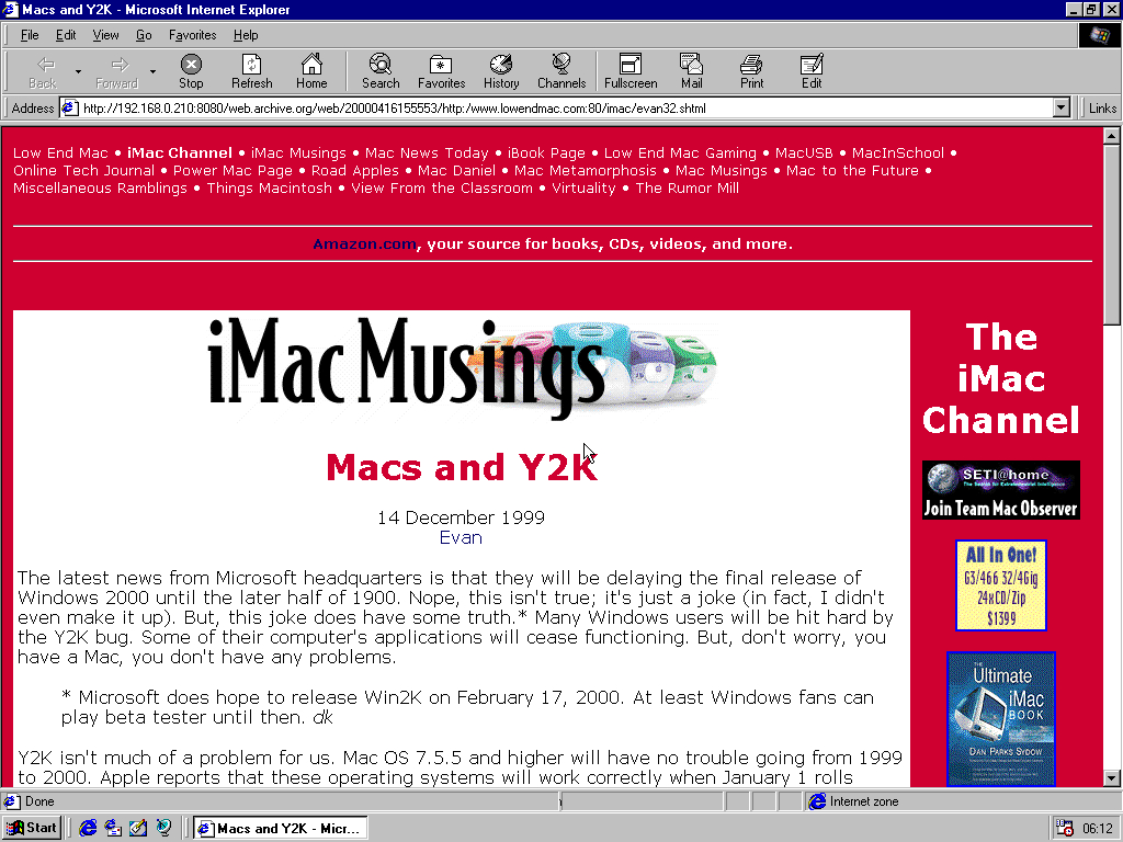 Windows 98 RTM x86 with Internet Explorer 4.0 displaying a page from Low End Mac archived at April 16, 2000 at 15:55:53