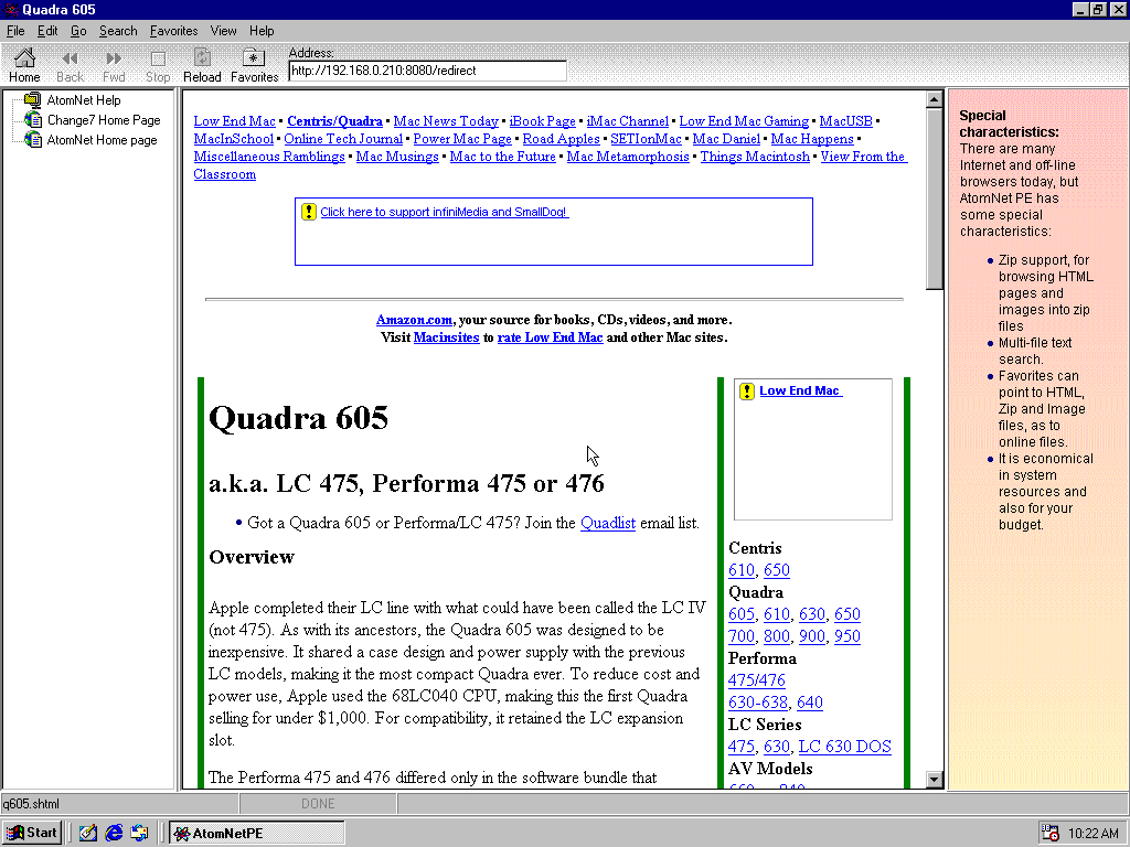 Windows 98 SE x86 with AtomNet 1.09 displaying a page from Low End Mac archived at April 24, 2000 at 10:25:30