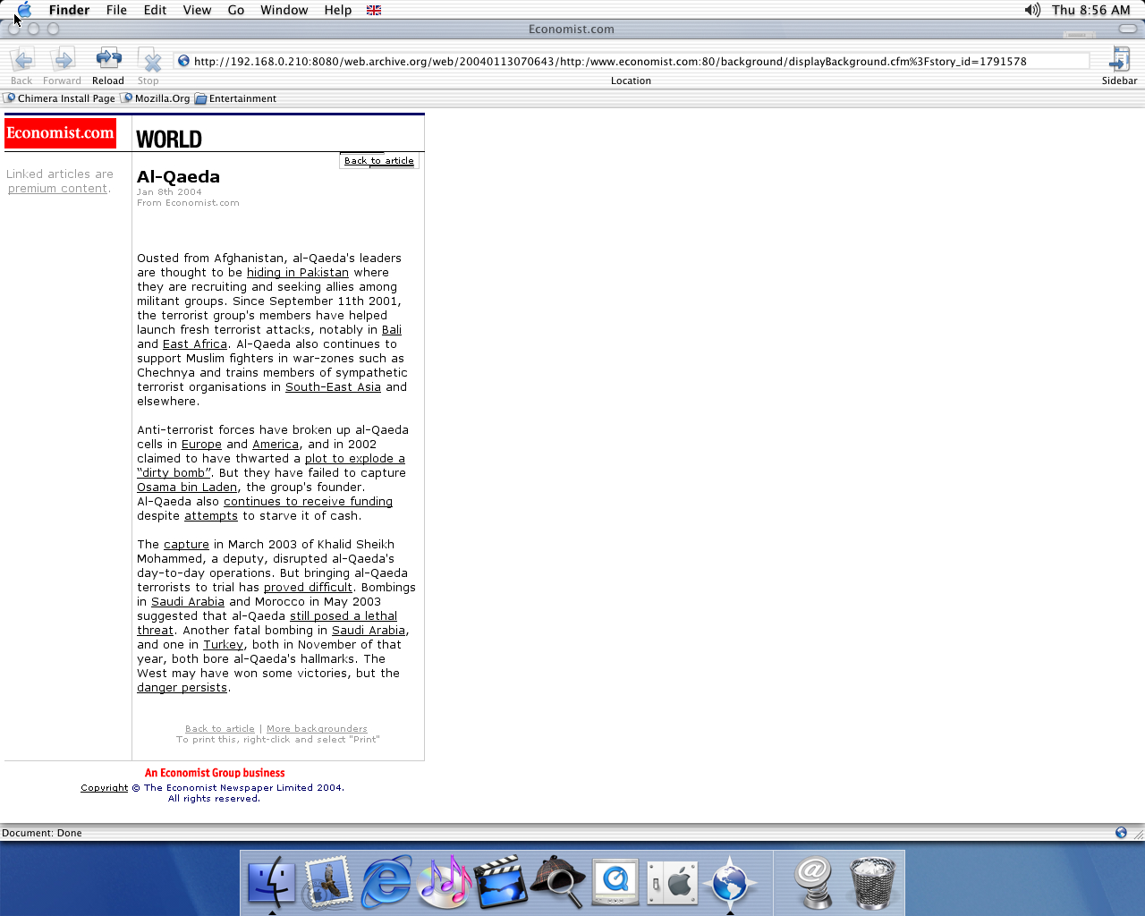 OS X 10.1 PPC with Chimera 0.6 displaying a page from The Economist archived at January 13, 2004 at 07:06:43