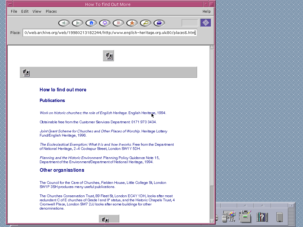 Solaris 2.6 SPARC with HotJava 1.0 displaying a page from English Heritage archived at February 13, 1998 at 18:22:44