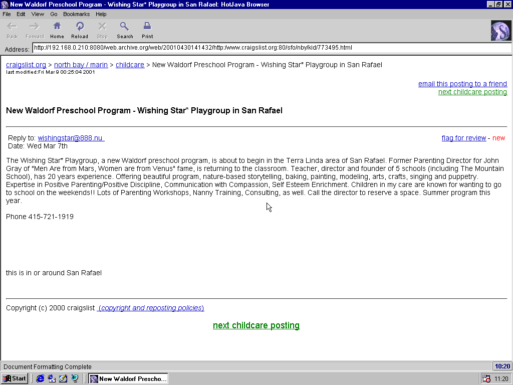Windows 98 RTM x86 with HotJava 3.0 displaying a page from craigslist archived at April 30, 2001 at 14:14:32