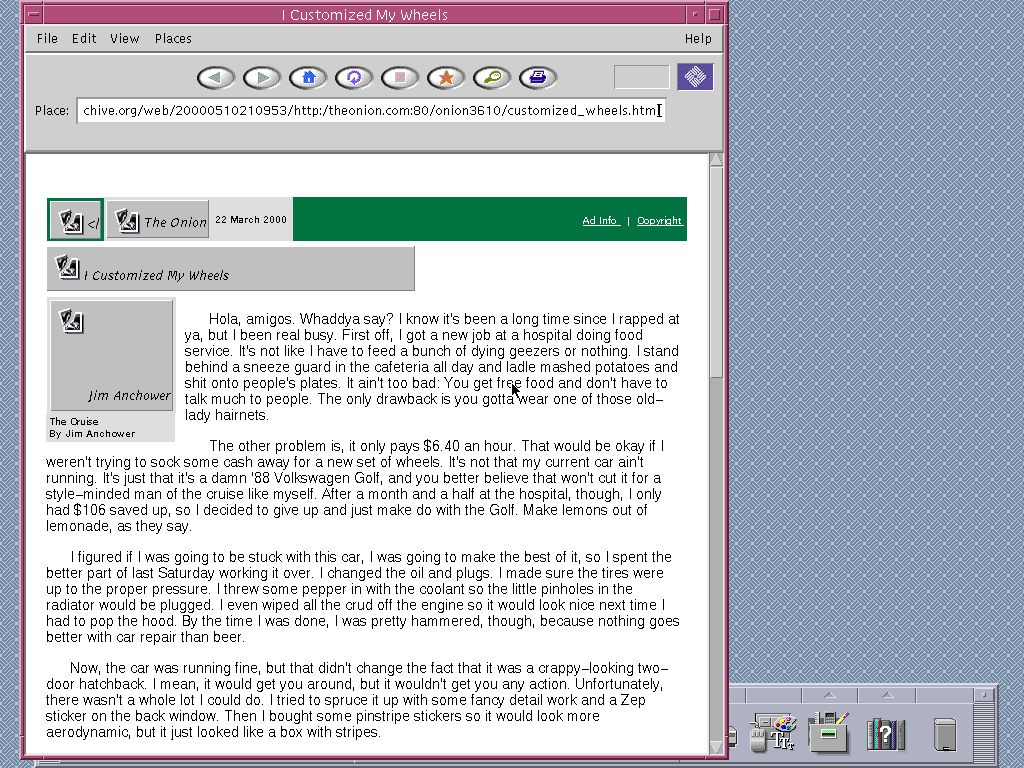 Solaris 2.6 SPARC with HotJava 1.0 displaying a page from The Onion archived at May 10, 2000 at 21:09:53