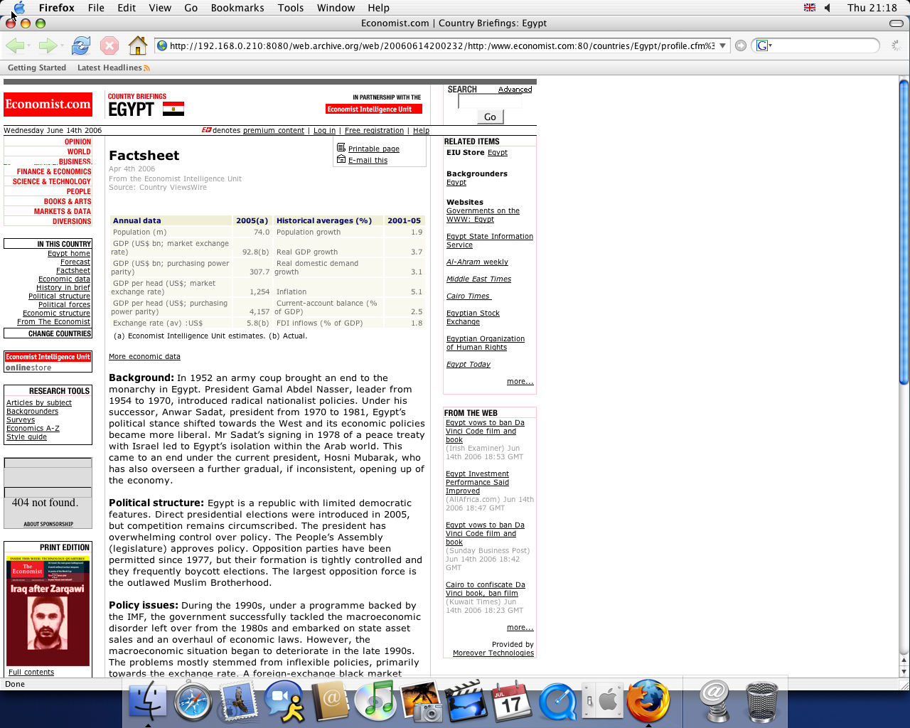 OS X 10.3 PPC with Mozilla Firefox 1.0 displaying a page from The Economist archived at June 14, 2006 at 20:02:32