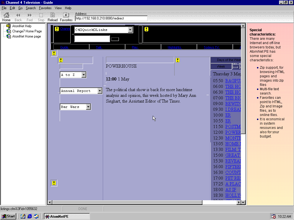 Windows 98 SE x86 with AtomNet 1.09 displaying a page from Channel 4 archived at May 03, 2001 at 18:32:25