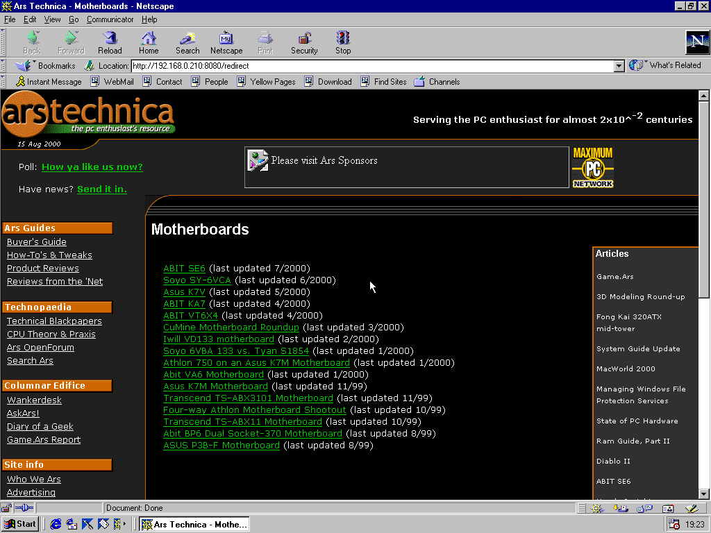 Windows 98 RTM x86 with Netscape Navigator 4.5 displaying a page from Arstechnica.com archived at August 15, 2000 at 20:56:59