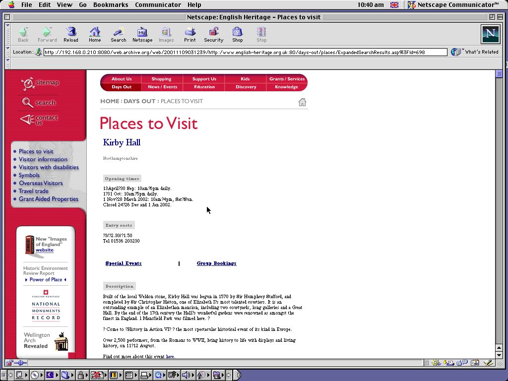 Mac OS 9.0.4 PPC with Netscape Communicator 4.73 displaying a page from English Heritage archived at November 09, 2001 at 03:12:39