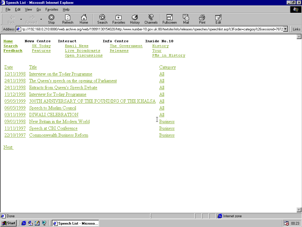 Windows 98 RTM x86 with Internet Explorer 4.0 displaying a page from Office of the Prime Minister archived at November 30, 1999 at 15:40:20