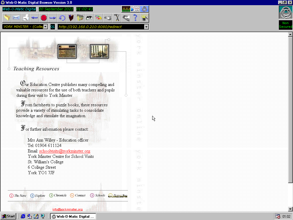 Windows 98 RTM x86 with Web-O-Matic Digital Browser 3.0 displaying a page from York Minster archived at February 20, 1999 at 15:38:52