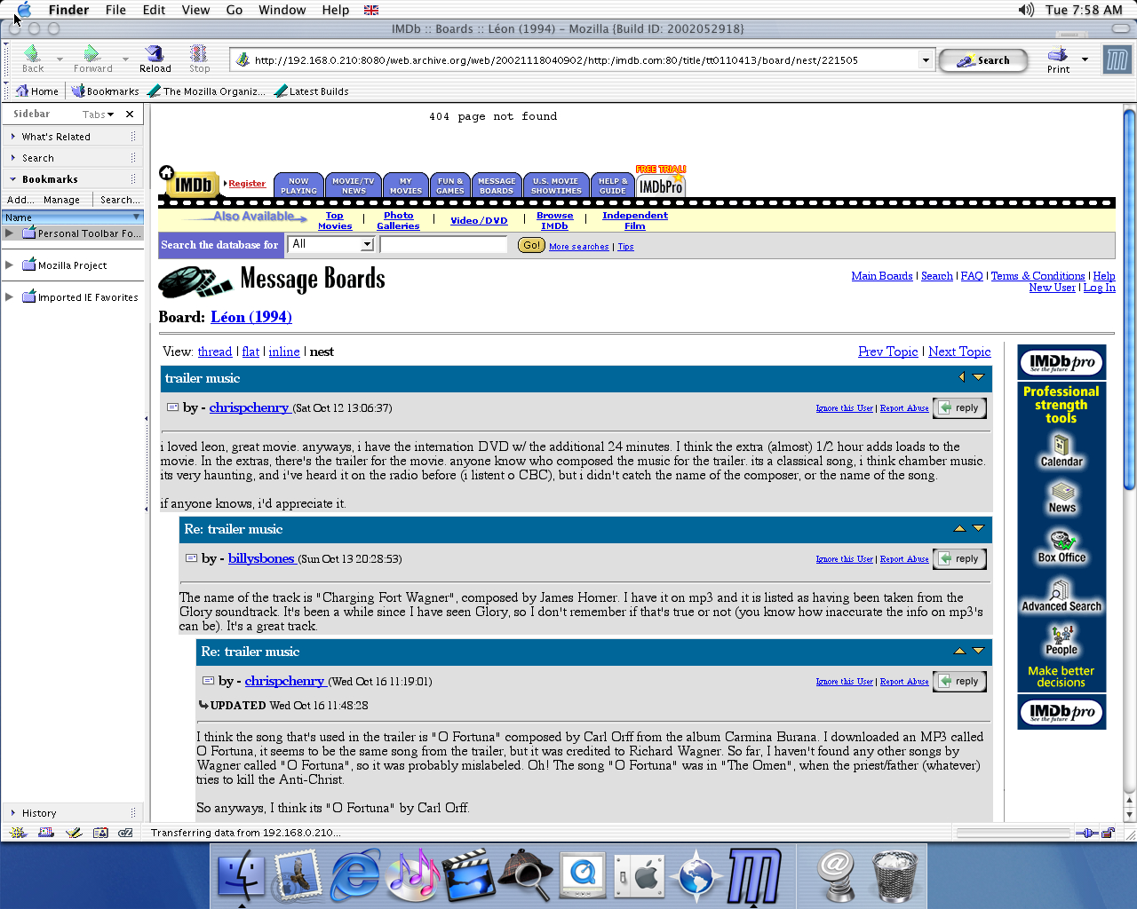 OS X 10.1 PPC with Mozilla Suite 1.0 displaying a page from IMDB archived at November 18, 2002 at 04:09:02