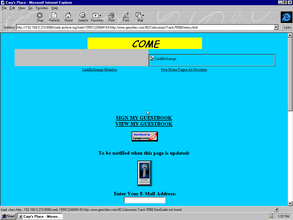 Windows 95 OSR2 x86 with Microsoft Internet Explorer 3.0 displaying a page from GeoCities archived at December 24, 1999 at 08:41:43