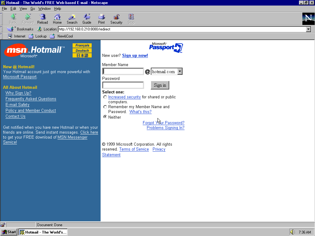 Windows 95 OSR2 x86 with Netscape Navigator 4.0 displaying a page from Hotmail.com archived at October 12, 1999 at 11:22:51