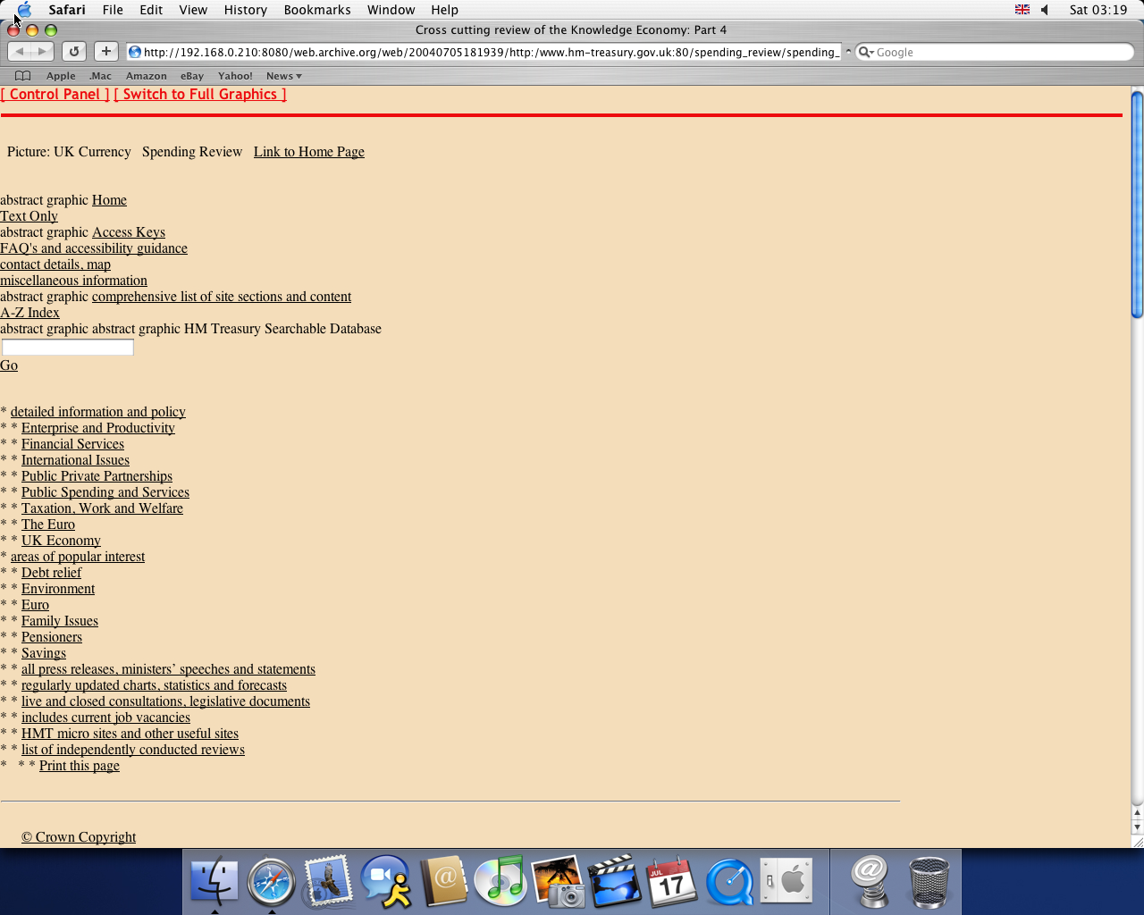 OS X 10.3 PPC with Safari 1.1 displaying a page from Her Majesty's Treasury archived at July 05, 2004 at 18:19:39