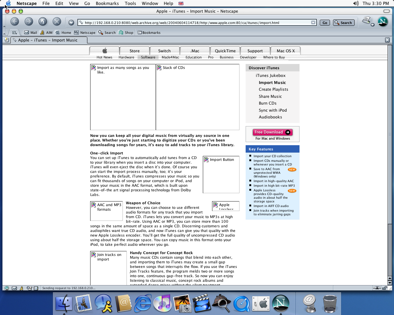 OS X 10.2 PPC with Netscape 7.0 displaying a page from Apple.com archived at June 04, 2004 at 11:47:18