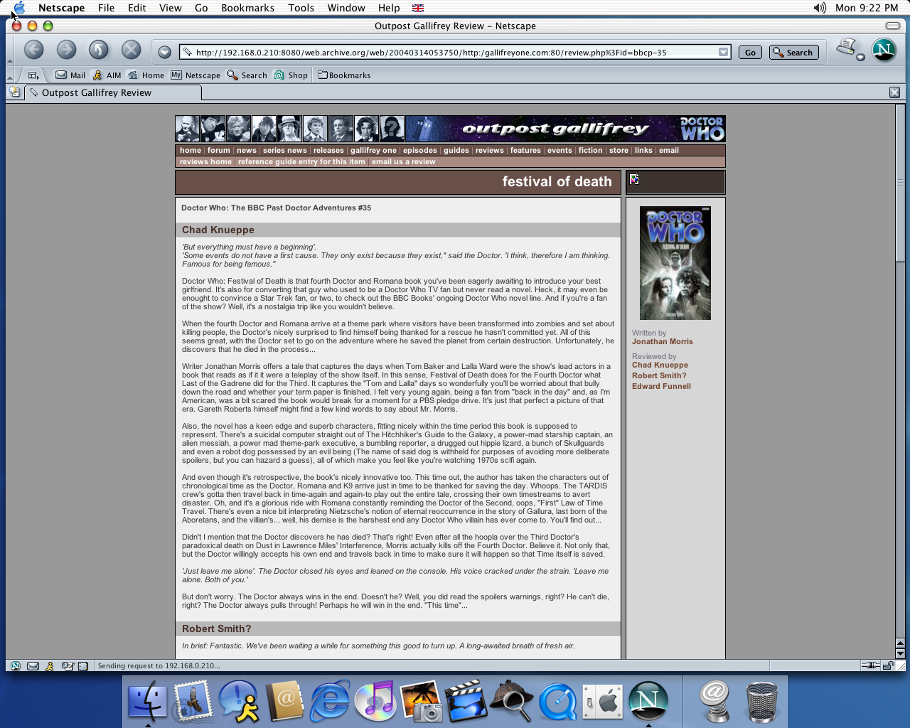 OS X 10.2 PPC with Netscape 7.0 displaying a page from Outpost Gallifrey archived at March 14, 2004 at 05:37:50