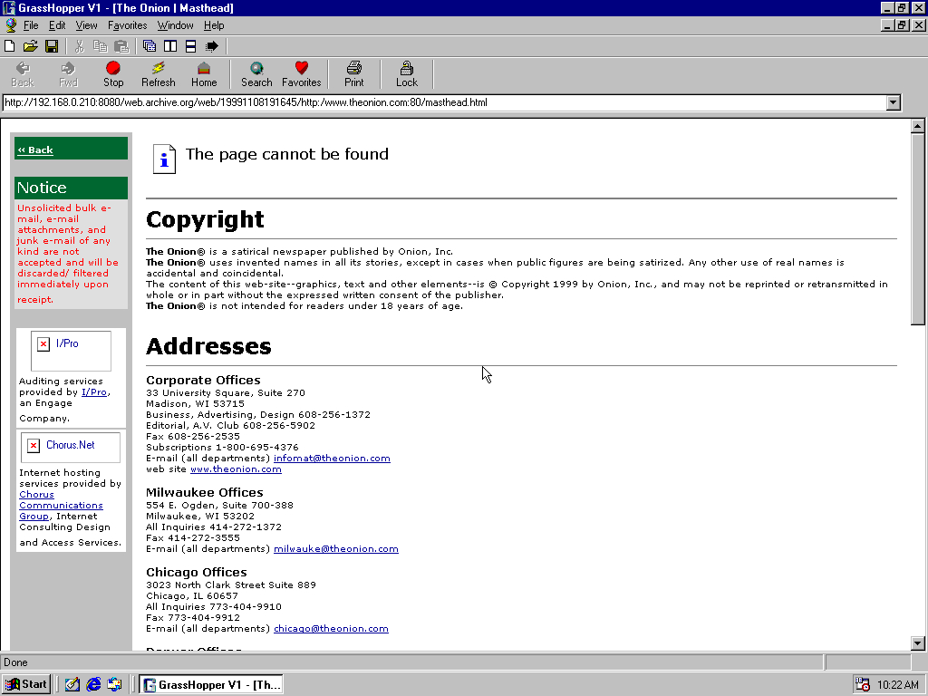 Windows 98 SE x86 with GrassHopper 1.0.6 displaying a page from The Onion archived at November 08, 1999 at 19:16:45