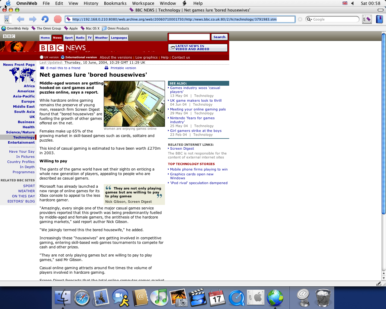 OS X 10.3 PPC with Omniweb 5.0 displaying a page from BBC News archived at July 10, 2006 at 00:17:30
