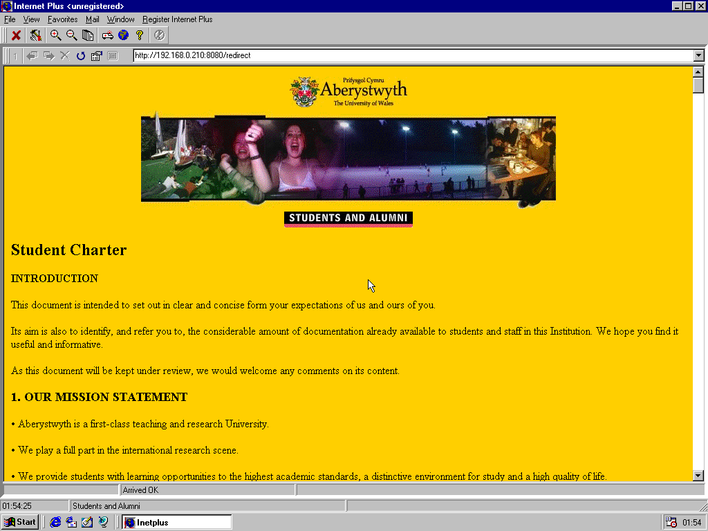 Windows 98 RTM x86 with Internet Plus 1.10 displaying a page from University of Aberystwyth archived at May 03, 1999 at 13:20:01