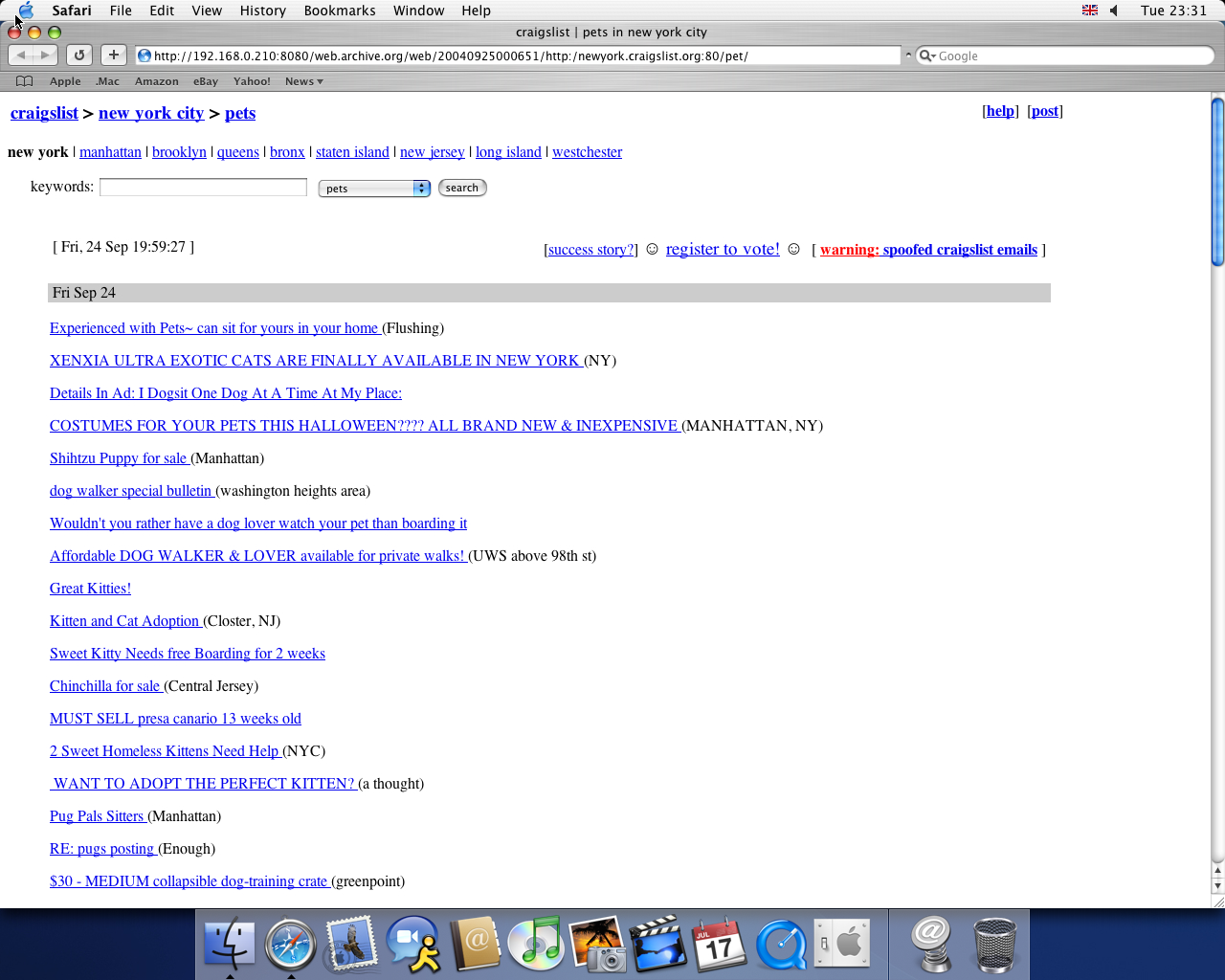 OS X 10.3 PPC with Safari 1.1 displaying a page from craigslist archived at September 25, 2004 at 00:06:51