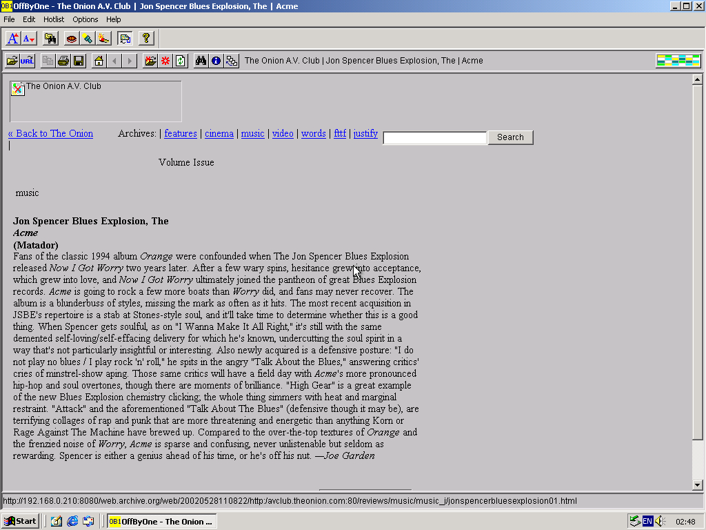 Windows 2000 Pro x86 with OffByOne Web Browser 3.2 displaying a page from The A.V. Club archived at May 28, 2002 at 11:08:22