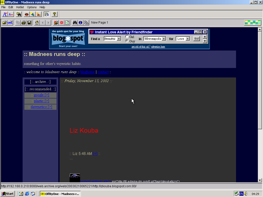 Windows 2000 Pro x86 with OffByOne Web Browser 3.2 displaying a page from Blogger archived at February 10, 2003 at 06:52:21