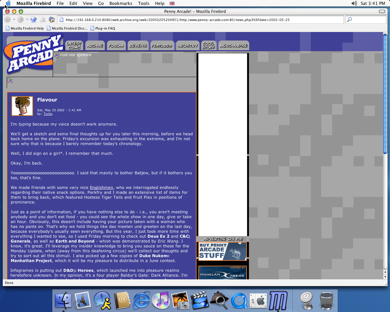 OS X 10.2 PPC with Firebird 0.6 displaying a page from Penny Arcade archived at February 05, 2005 at 20:49:51