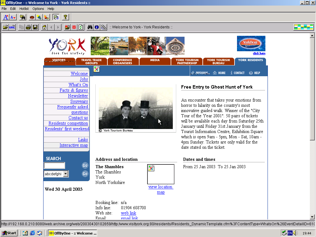 Windows 2000 Pro x86 with OffByOne Web Browser 3.2 displaying a page from Visit York archived at April 30, 2003 at 10:26:59