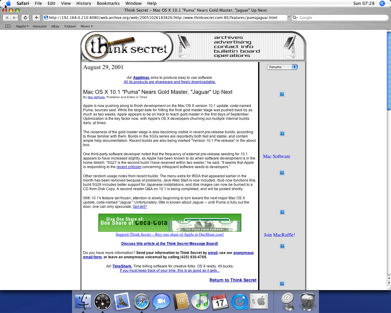OS X 10.4 PPC with Safari 2.0 displaying a page from Think Secret archived at October 26, 2005 at 18:38:26