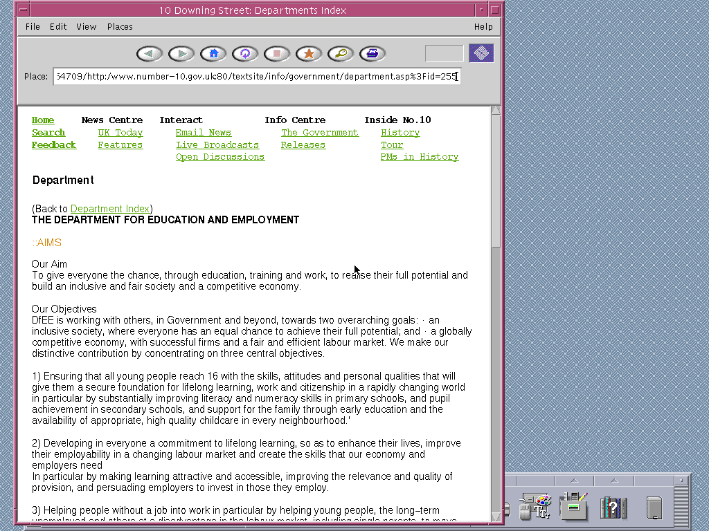 Solaris 2.6 SPARC with HotJava 1.0 displaying a page from Office of the Prime Minister archived at January 06, 2000 at 15:47:09
