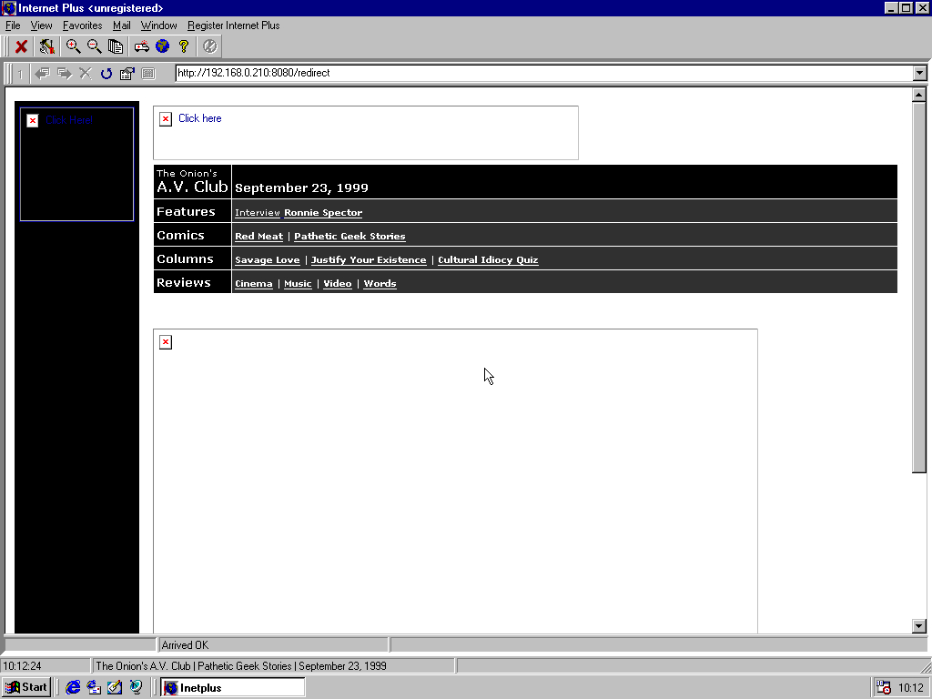 Windows 98 RTM x86 with Internet Plus 1.10 displaying a page from The Onion archived at November 10, 1999 at 01:03:45