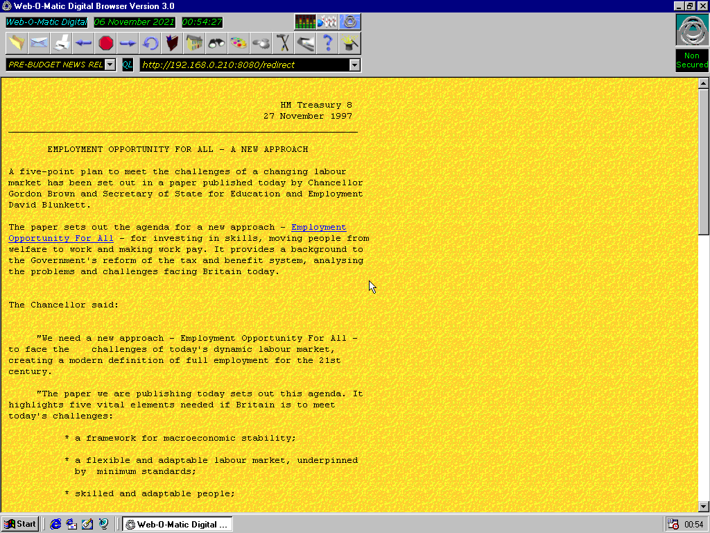 Windows 98 RTM x86 with Web-O-Matic Digital Browser 3.0 displaying a page from Her Majesty's Treasury archived at February 04, 1999 at 02:23:49