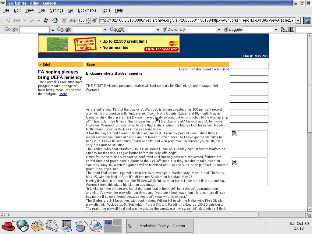Red Hat 9.0 with Galeon 1.2.7 displaying a page from The Yorkshire Post archived at May 01, 2003 at 19:01:59