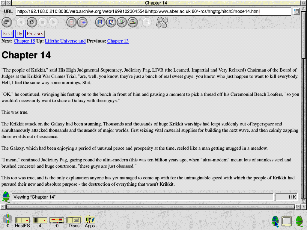RISC OS 3.71 ARM with Acorn Browse 2.07 displaying a page from University of Aberystwyth archived at October 23, 1999 at 04:55:48