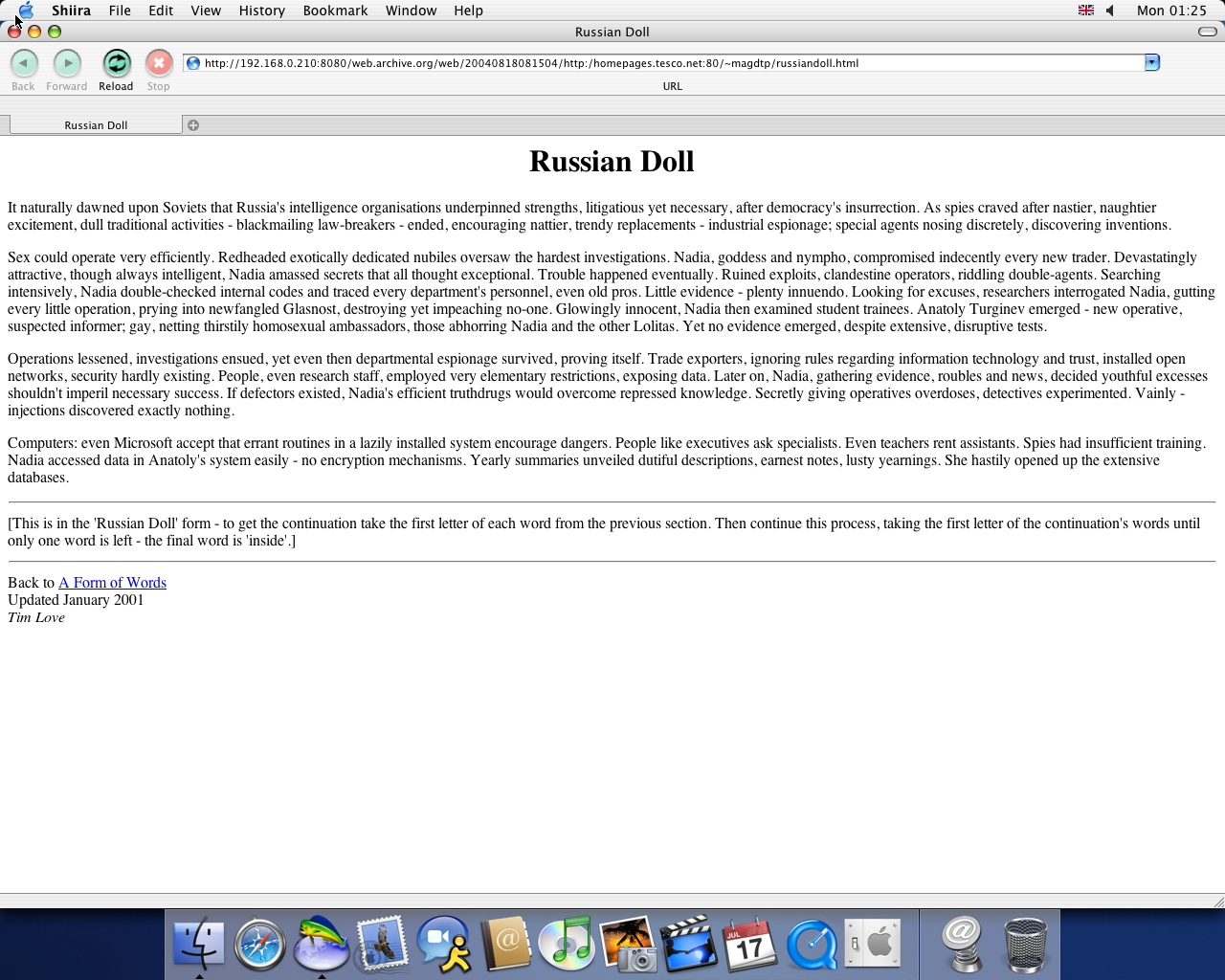 OS X 10.3 PPC with Shiira 0.9.1 displaying a page from Tesco.net User Homepages archived at August 18, 2004 at 08:15:04