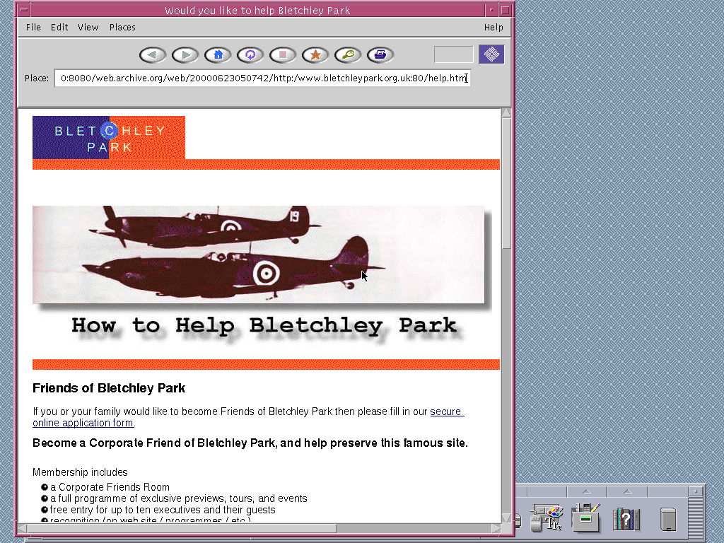 Solaris 2.6 SPARC with HotJava 1.0 displaying a page from Bletchley Park Museum archived at June 23, 2000 at 05:07:42