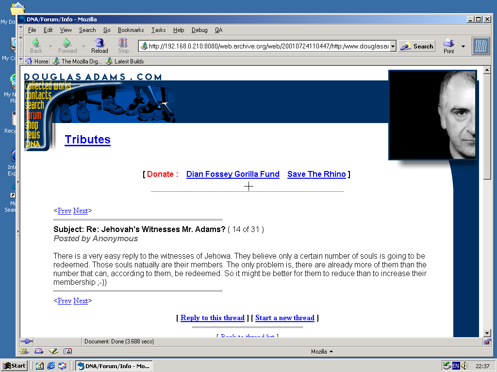 Windows 2000 Pro x86 with Mozilla Suite 0.6 displaying a page from Douglas Adams archived at July 24, 2001 at 11:04:47