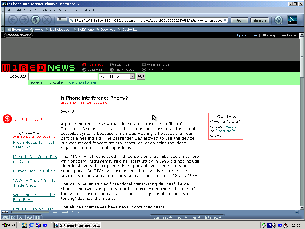 Windows 2000 Pro x86 with Netscape 6.0 displaying a page from Wired archived at February 23, 2001 at 23:50:58