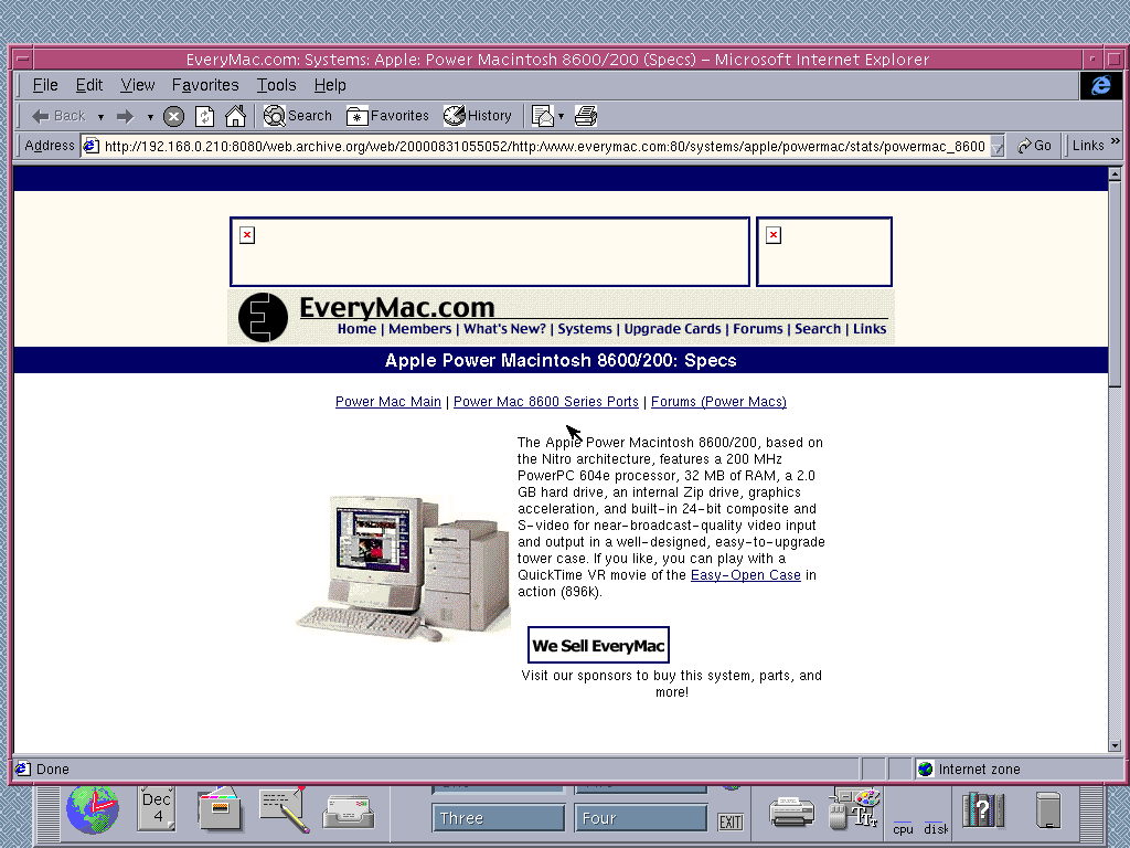 Solaris 7 SPARC with Internet Explorer 5.0 for UNIX displaying a page from EveryMac archived at August 31, 2000 at 05:50:52