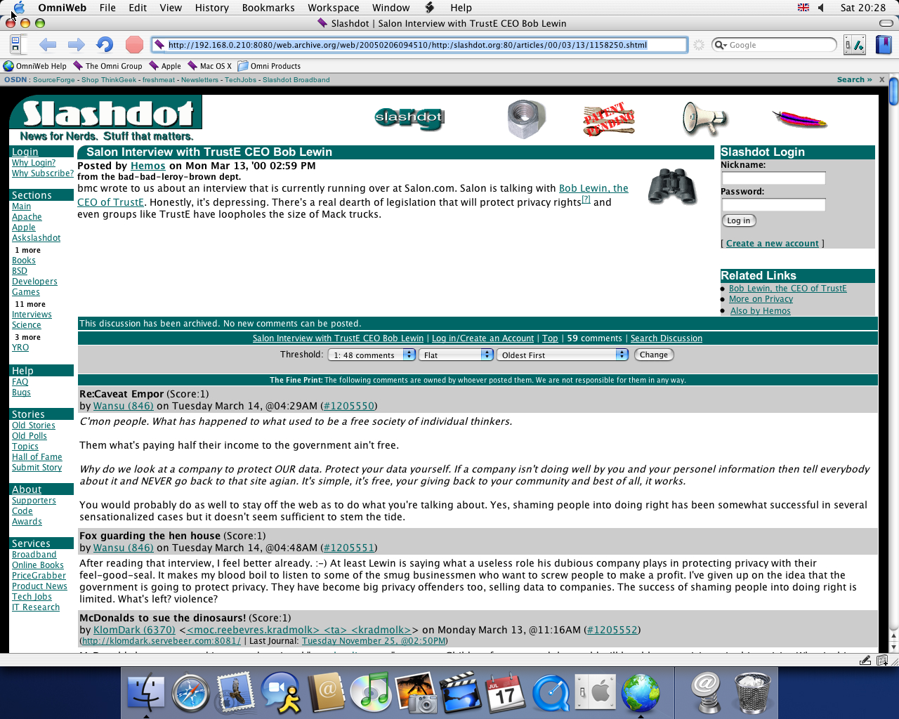 OS X 10.3 PPC with Omniweb 5.0 displaying a page from Slashdot archived at February 06, 2005 at 09:45:10