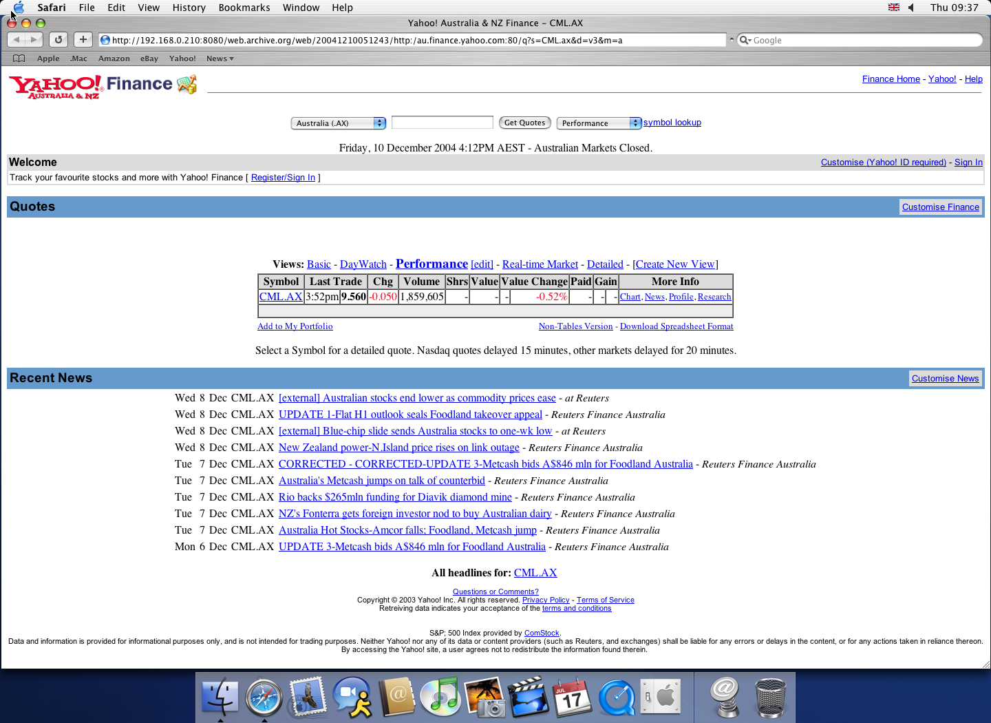 OS X 10.3 PPC with Safari 1.1 displaying a page from Yahoo archived at December 10, 2004 at 05:12:43